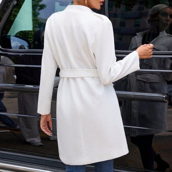 White Preppy Womens Flap Pocket Belted Overcoat - Picture 2 of 6